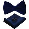 Houlife Set di papillon da uomo, in velluto regolabile pre-legato, con tasca quadrata in tinta unita, set di gemelli per sposo, festa di matrimonio, Navy blue, M
