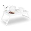 Relaxdays Tavolino da letto in bambù gambe pieghevoli bordo rialzato vassoio da colazione HLP: 22x64x31 cm bianco