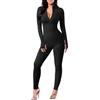 Yaaapiy Tuta intera da donna, aderente, lunga, per yoga, a maniche lunghe, con scollo a V, a coste, con chiusura lampo, per jogging, tutina per pantaloni, tuta da allenamento, colore nero
