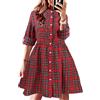 FANCYINN Abito a Camicia a Quadretti da Donna Manica Lunga abbottonata Top Mini Abito Scozzese a Tunica Casual Rosso e Bianco e Grigio L