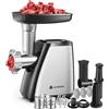 AAOBOSI Tritacarne AAOBOSI,4-IN-1Tritacarne Elettrico[2800W Max]con 3 Affettatrici,Lame per Tritare,2 Lame,4 Piatti,Insaccatrice per Salsicce,Kit Kubbe,per Uso Domestico in Cucina,Acciaio Inossidabile,argento