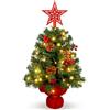 Uten Mini Albero di Natale, 60 cm Alberi di Natale con 50 Lucine LED, 6 Gruppi Bacche Rosse, 6 Pigne, Stelle, per Ufficio, Soggiorno, Davanzale Decorazione Natalizia