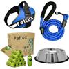 petlux Set Ciotola Cani e Gatti Inox Antiscivolo, Guinzaglio in Nylon Elastico e Riflettente, Pettorina Imbottita antitiro per Cane, Sacchetti Igienici Biodegradabili bisogni Cani con Dispenser (Blu, L)