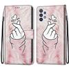Mo-Somnus Cover per Samsung Galaxy A32 5G, Custodia in PU Pelle Magnetica Libro Flip Caso Antiurto Portafoglio [Supporto Stand] con Porta Carte e Cinturino da Polso Wallet Case (Dito Cuore)