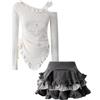 Goolecrimp Ragazze Slim Orlo Irregolare Due Gonna Set Puffy Lolita Abiti Senza Spalline T Shirt Y2K Camicetta Gotica Kawaii Ruffle Micro Slim Gonna (Set 1,M)
