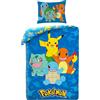 Halantex Set copripiumino Pokemon con Pikachu, Salameca, Carapuce e Bulbizarro, copripiumino 140 x 200 cm + federa, blu, POK579