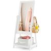 COSTWAY Specchio da Terra per Bambini in Legno con Scaffale Contenitore, Specchio per Cameretta Girevole con Cesto Ripiegabile, 45 x 40 x 112 cm, Bianco
