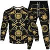 famesale Set Tuta da Uomo Felpa a Maniche Lunghe Stampata in 3D con Catena d'oro + Pantaloni da Jogging Abito Stile Barocco Set 2 Pezzi Abbigliamento Sportivo