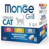 napz Monge Grill STERILIZZATO MULTIPACK CON POLLO, TROTA, VITELLO, cibo umido per gatti (cibo per gatti multipack con pollo, trota, vitello, ricco di vitamine, senza cereali, facilmente digeribile, 85 g)