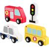 Fisher-Price - Pacchetto Veicoli in Legno, set da 4 pezzi con veicoli a spinta camion dei pompieri, scuolabus, auto della polizia e semaforo incluso, giocattolo per bambini, 2+ anni, JCY32