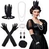 FEPITO Set di accessori anni '20 da 9 pezzi Flapper Collana con orecchini a fascia Guanti lunghi neri Collant a rete Grandi accessori Gatsby per le donne (Set C)