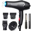 Faszin asciugacapelli professionale, ionico capelli senza crespo, motore AC grande flusso d'aria, asciugacapelli con diffusore e concentratore, 3 temperature, 2 velocità (Nero)