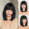 FESHFEN Nero Corta Parrucca con Frangia Lisci Bob Parrucche Naturale Sintetiche Dritto Parrucche Capelli per Donne 35cm