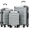 COOLIFE Valigie Valigia Trolley rigido ultraleggero e capiente,Chiusura a combinazione laterale con TSA, 4 ruote per facilitare il trasporto (Argento, Set da 3 Pezzi)