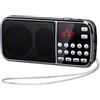 PRUNUS J-189 Mini Radio Portatili FM, Radio Portatile Ricaricabile con Funzione Bluetooth, Radiolina Digitale con Eccellente Ricezione, Supporto Micro TF Card/USB/AUX, con Torcia di Emergenza(Nero)