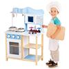 BAKAJI Cucina in Legno Giocattolo per Bambini con Lavello in Acciaio 2 Fornelli Forno Apribile e Microonde Chiusure Magnetiche Pentole Padelle e Accessori Gioco 60 x 30 x 90 cm (Blu)