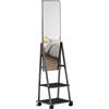 HOMCOM Specchio Verticale da Terra con 2 Ripiani e 4 Rotelle, in Acciaio e Legno, 42x37x155 cm, Nero