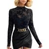 EMOTTOS Donna Camicia Sexy Mesh Top, Maglietta Maniche Lunghe Elegante Crop Top a Collo Alto con Motivo Floreale Y2K, Trasparente Camicia Maglie Eleganti, Nero, S