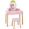 COSTWAY Set Toeletta per Bambini 2 in 1, Set Tavolo da Trucco in Legno per Bambini con Sgabello, Specchio a Forma di Fragola e Cassetto, Postazione Trucco da 3 a 7 Anni, Rosa, 70 x 34 x 100 cm
