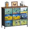 VEDECASA - Cassettiera sottile, alta, con 9 cassetti , motivo Van Gogh, per cameretta dei bambini, soggiorno, corridoio, camera da letto, ufficio, struttura in metallo e pannello in legno
