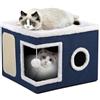 Shikha Cuccia per gatti pieghevole per Gatti indoor, 43*43*32 cm, grande cuccia per gatti con accogliente cuccia, palla sospesa, finestra rotonda, cubo per gatto a 2 strati con morbidi cuscini bifacciali,Blu