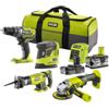 Ryobi Kit ryoby trapano avvitatore r18dd3, smerigliatrice angolare r18ag, levigatrice palmare rps18 e seghetto alternativo rrs1801 con 2 batterie 18v 4.0ah 2.0ah