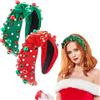 HIFOT 2 Pezzi Cerchietto Natalizio Donna Larga Cerchietto Perle Rosso Verde Fascia Capelli Strass Cerchietto con Nodo Bambina Accessori per Capelli per Costume di Natale