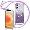 Phoona Cover Magnetica Glitter per iPhone 12 con Cordino, [Compatibile con MagSafe], Brillantini Sottile Lucida TPU Silicone Custodia per iPhone 12 Morbido Antiurto Cover, Viola