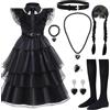 NINGESHOP Costume Halloween Bambina, 8pz.Vestito Halloween Bambina Costume, Costume Mercoledì addams bambina,Vestito Mercoledì Bambina,Vestiti Bambina per Carnevale Party Halloween Cosplay, 130 cm
