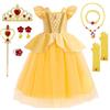 YYDSXK Vestito Principessa Bambina, Costume Rosa Bella e la Bestia con Set Corona Principessa, Bella Costume Carnevale per Regalo Bambina, Costume Bella e la Bestia per Compleanno Cosplay