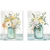 DRW Set di 2 quadri tela telaio in legno con fiori con una parte a mano in bianco e giallo 30x3x40 cm