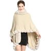 Generic Cappotto da donna con collo in pelliccia simile a volpe mantello irregolare maglione lungo in cashmere allentato femminile, Beige e bianco., Taglia unica