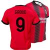ZeroPlayer Maglia Replica Ufficiale Milan di Olivier Giroud 9, Modello Home Stagione 2023/2024, Rosso, Nero, Adulto, Ragazzo, Bambino, 100% Poliestere, Taglia x-Large