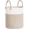 Univivi Grande cesto portabiancheria intrecciato, per giocattoli, con maniglia, realizzato a mano, in cotone, per coperta, giocattolo per bambini, bianco e kaki