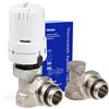 VANCOCO Valvola Termostatica + Ritorno Kit Completo 1/2, Raccordo con Guarnizione, Valvola per Termosifoni/Riscaldamento, Forma ad Angolo, Bianco, Sonde Liquide, Anti-Gelo, Norma EN215