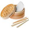 BlauKe Cestello per Cottura a Vapore con 2 Piani e Coperchio - Cestello Bambù per Cottura a Vapore 25cm - Vaporiera Bambu, Pentola per Cottura Vapore con 2 Paia Bacchette, 1 Pinza, 50 Fogli di Cera - BlauKe®