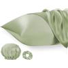 Seiwohl Set di 2 Federe Raso 40x70cm & un elastico e una cuffia, Federa per cuscino in seta, Design con Chiusura A Busta, Morbido come una Federe Seta Cuscino, Verde salvia Federe Cuscini 40x70