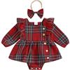 ESSECMBS Natale 2 Pezzi Completo Neonata Pagliaccetto Manica Volant Neonata Tutina Invernale Bimba con Bottoni a Quadri Bodysuit Natalizio Neonata+Fascia per Neonata (Rosso, 3-6 Months)