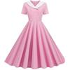 Generic Elegante Abito Patchwork Vintage Svasato da tè Tinta Unita Bianco Rosa Nero Rosso Rosa A Line Summer Pinup Anni '50 Runway Midi Party Dress-2-S