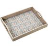 DRW Vassoio in legno decorato con piastrelle fiori in naturale e blu 40x30x7 cm