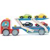 Le Toy Van - TV444 - Gioco camion bisarca e 4 macchinine auto da corsa, 3 anni, in legno certificato FSC, include 36 stickers adesivi, giocattolo per bambino, Montessori, ecologico