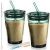 Leikurvo Set di 2 bicchieri verdi con coperchio e cannuccia, in vetro, 450 ml, per frullati, caffè, acqua, tè