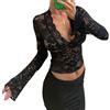 Haibang Maglietta a Manica Lunga Donna Maglia Sexy in Pizzo Floreale Crop Top Trasparente con Scollo a V Profondo Elegante Aderente Camicia Slim Fit T-Shirt Serata Top Moda Clubwear Streetwear
