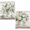 DRW Set di 2 quadri tela con cornice in legno con fiori in contenitori con una parte a mano in bianco e verde 40x3x50 cm