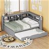 MOBETTRES Divano letto, letto estraibile 90 x 190 cm con presa USB e più ripiani, letto in legno massello, letto singolo, letto multifunzione in legno (grigio, 140 x 200)