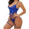 Aranmei Lingerie Sexy per Le Donne Set Set di Lingerie da Donna con Reggicalze Body in Pizzo Floreale Teddy Babydoll Reggiseno con Ferretto e Set di Mutandine Blu Reale XXL