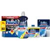 Finish Kit Lavastoviglie, 80 Pastiglie Ultimate Infinity Shine al Limone contro lo Sporco e i Residui Incrostati, Brillantante Lemon 500ml, Curalavastoviglie al Limone 250ml, Cristalli di Sale 1kg