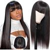 CLASSINE Parrucca Donna Capelli Veri Umani Straight Human Hair Wigs With Bangs, 2x1 Glueless Lace Front Wig Human Hair Nera Parrucca Donna Diritta Con Frangia 22 Pollici