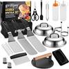 Grilljoy Set Barbecue Professionale in Acciaio Inox, Utensili per Griglia, Spatola per Piastre, Kit Smash Burger con Pressa per Hamburger in Ghisa, 28 Pezzi Accessori BBQ per Uomo