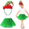 HONMOK Set Completo Natalizio per Bambini e Ragazze - Costume Elfo con Vestito Tutù e Cerchietto per Festa, Compleanno, Carnevale (Verde, 3-10 Anni)